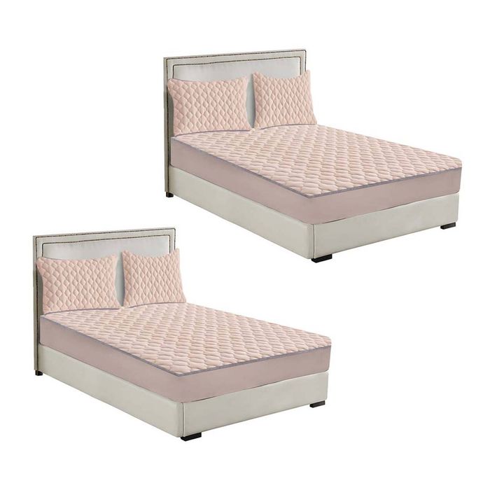 SOGA 2 Pack Beige King Clover Quilted Fleece Mattress Cover Sets with 4 Pillowcases