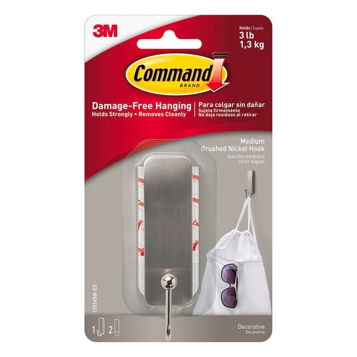 Command Medium Brushed Nickel Hook - 1 Pack