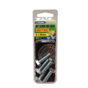 Zenith M8 x 25mm Zinc Plated Hex Head Set Screw - 5 Pack