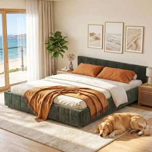 HOMFURN Queen Bed Frame Chenille Upholstered Platform Base, Green 300kg Support, No Box Spring Needed