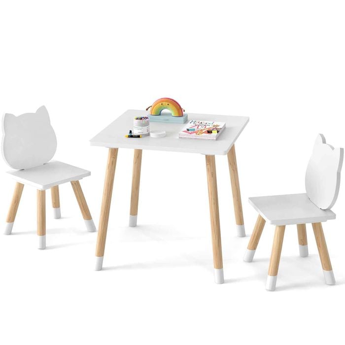Costway Kids Table Chairs Set Kitten Activity Desk White