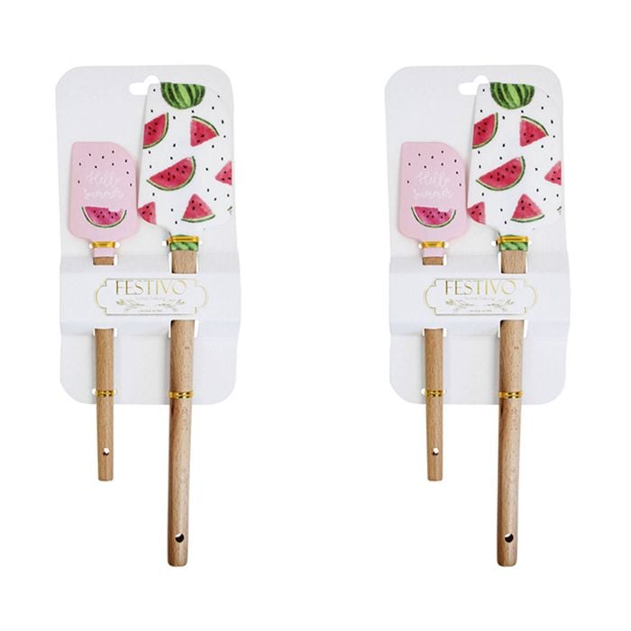 2x LVD 2pc Silicone Wood Spatula Kitchen Baking/Cooking Utensil Set - Watermelon