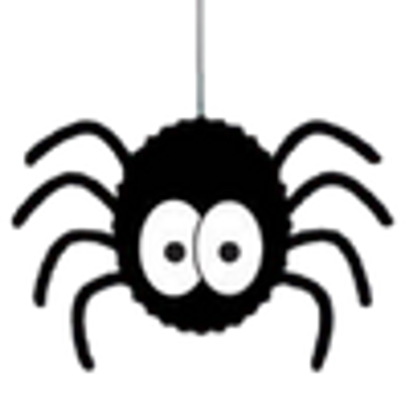 Black cartoon spider with eight legs and large white eyes.