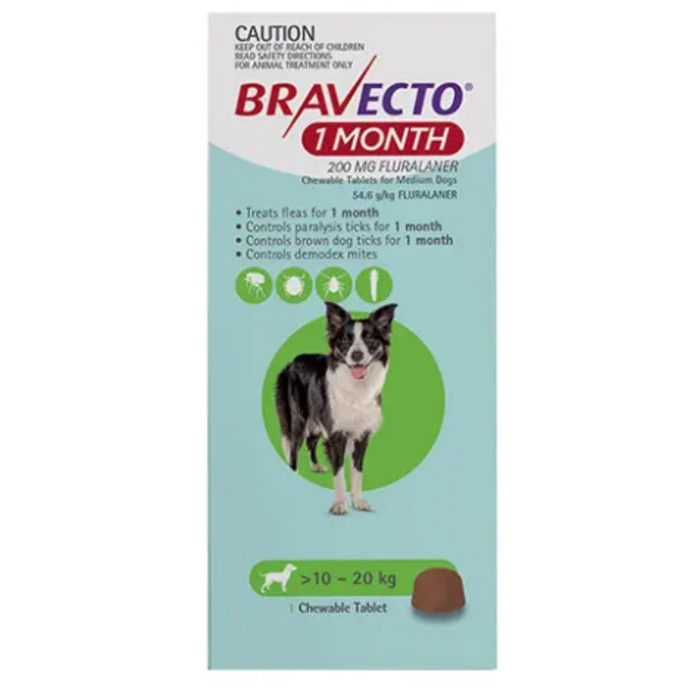 Bravecto Chew 1 Month For Medium Dogs (10-20kg) Green - 1 Pack