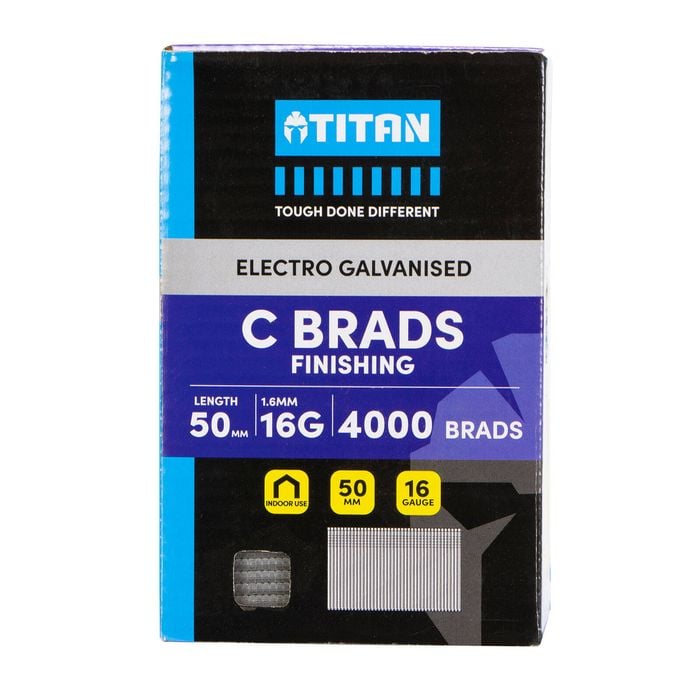 Titan 50 x 1.6mm Electro Galvanised Straight Collated Nail C Brads - 4000 Pack