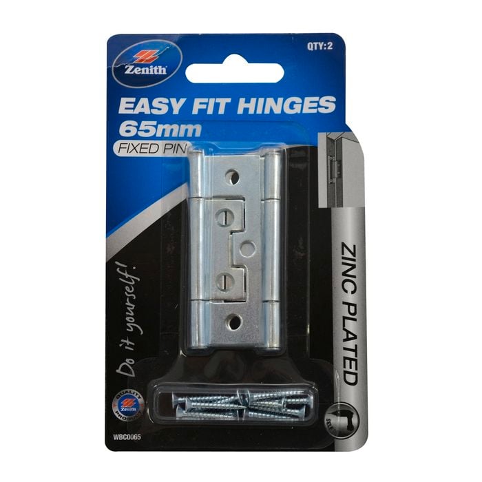 Zenith Easy Fit Hinge  65mm Zinc Plated Fixed Pin  2pk