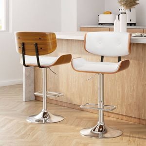 Homfurn 2x Bar Stools – Wooden Seat, White Faux Leather, Swivel, Height Adjustable 96-117cm, Anti-scratch Sturdy Base