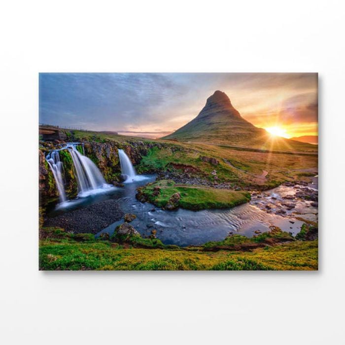 Waterfall & Mountain Sunset View Print 100% Australian Made 120x90cm (Stretched Canvas)