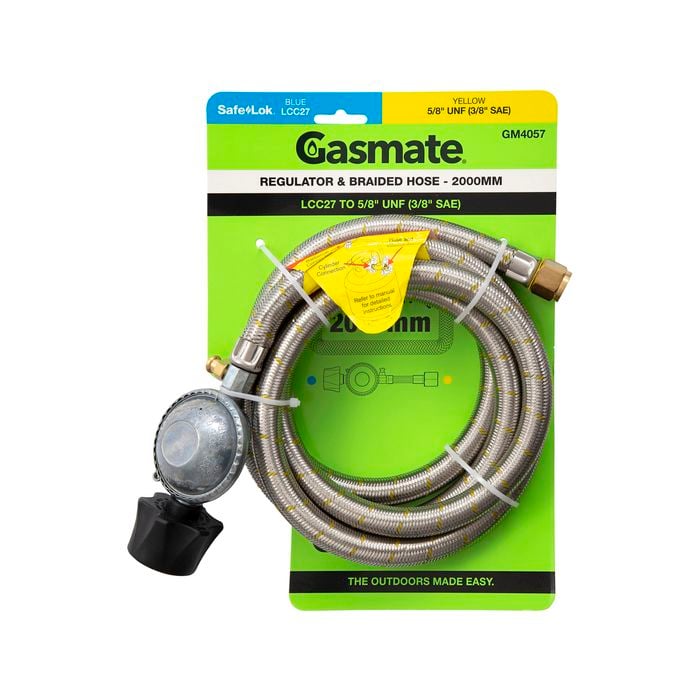Gasmate Regulator & Braided Hose - 2000mm - LCC27 to 5/8" UNF (3/8" SAE)