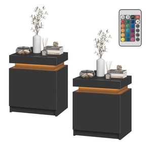 Ufurniture Black Bedside Table Set of 2 LED RGB 2 Drawers Nightstand With Lift Up Storage Cabinet