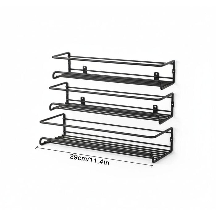 Spice Rack Organiser 4 Pack 2 Size Hanging Wall Metal Kitchen Shelf No Drilling, Black