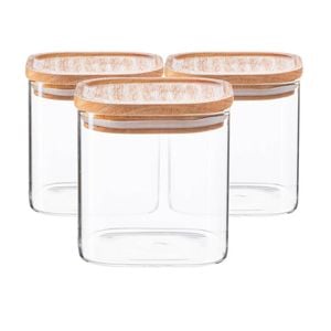 Argon Tableware 3x Glass Storage Jars With Airtight Wooden Lids - 680ml - Square Cube Kitchen Storage Container Preserving Jars