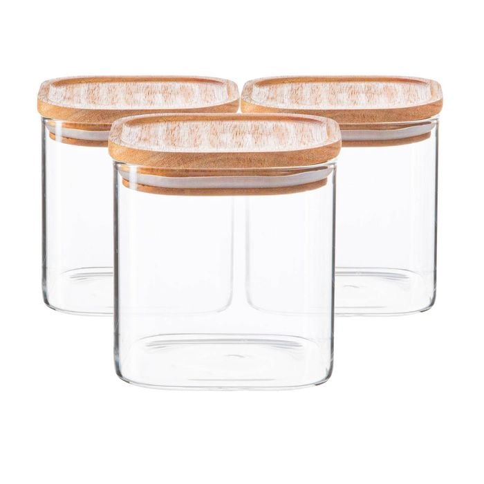 Argon Tableware 3x Glass Storage Jars With Airtight Wooden Lids - 680ml - Square Cube Kitchen Storage Container Preserving Jars