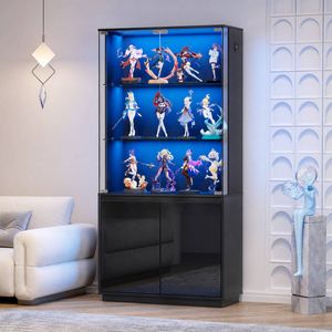 Advwin LED Glass Display Cabinet Motion Sensor Display Case Storage Cabinet Black