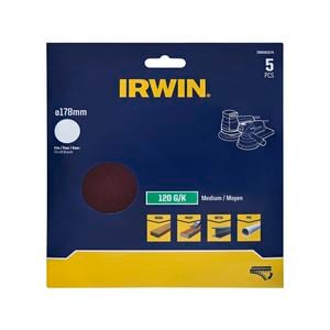  IRWIN 178mm 120 Grit No Holes Quick Fit Random Orbital Sanding Discs - 5 Pack
