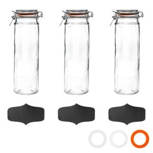Argon Tableware 3x Glass Spaghetti Jar & Labels Set - 2l/70.3oz 4 Colour Seals Airtight Kitchen Storage Container Preserving Jar