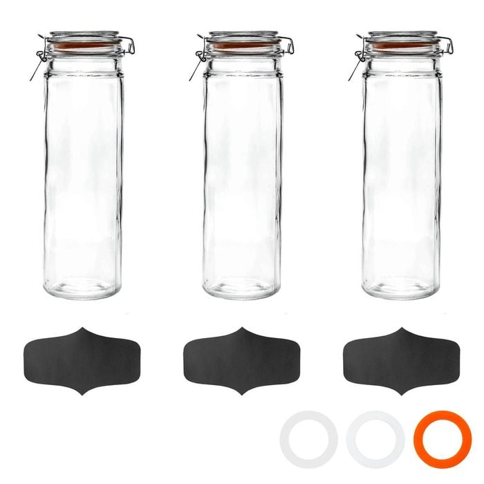 Argon Tableware 3x Glass Spaghetti Jar & Labels Set - 2l/70.3oz 4 Colour Seals Airtight Kitchen Storage Container Preserving Jar