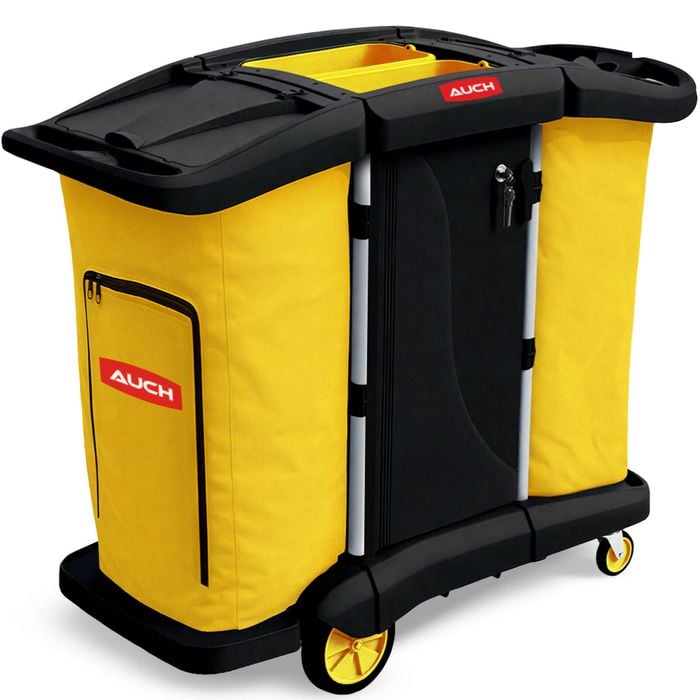 Auch Double Bag Janitor Cleaning Trolley, Housekeeping Cart, Lockable Cabinet With Storage Tubs, Quiet Wheels, Black