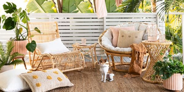 A modern style outdoor lounge retreat on a deck with hanging festoon lights, drinks trolley and potted plants with dog sitting on the rug