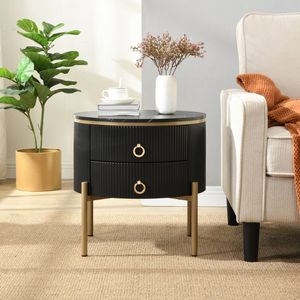 Homfurn Round Bedside Table with 2 Drawers, Fluted Nightstand with Marble-Look Top