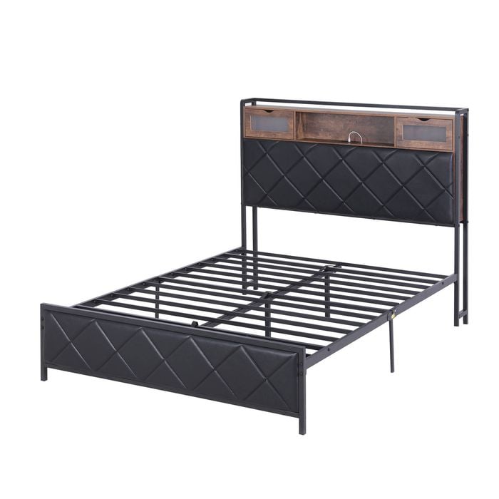 Artiss Double Bed Frame With Led Lights Storage Headboard 2 Usb 2 Ac Outlets Charging Station
