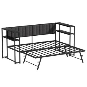Ufurniture Single Sofa Bed Frame with Hidden Trundle, Charging Station, Two Tier Shelf Headboard, Linen Upholstered, Black&Grey