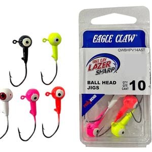 10 Pack of 1/16oz Size 1 Eagle Claw Lazer Sharp Ball Head Jigs-Assorted Colours