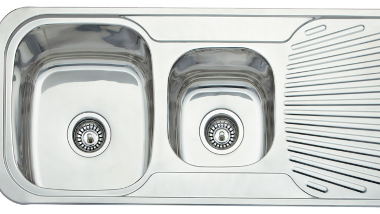 Silver/chrome overmount kitchen sink with double basin configuration.
