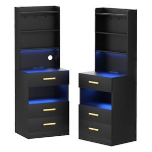 Ufurniture Tall Bedside Cabinet Set of 2 with Charging Station  LED Lights Bedside