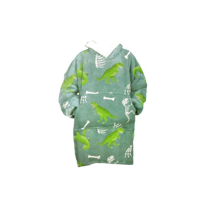 Bloomington Kids Comfy Warm Blanket Hoodie  with Sherpa Reverse Green Dinosaur