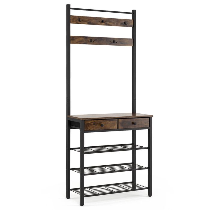 Costway 4-In-1 Hall Tree Industrial Entryway Coat Rack Storage Shelf Organizer-Brown