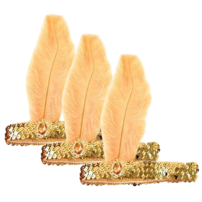 3x 1920s FLAPPER HEADBAND Headpiece Feather Sequin Charleston Costume Gatsby Gold/Orange