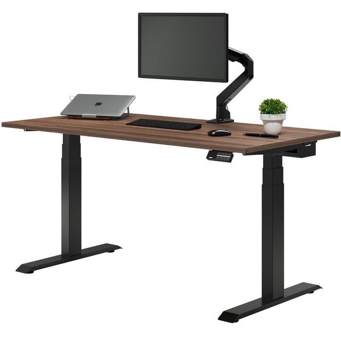 Desky Dual Sit to Stand Jarrah Legno Melamine Desk 1800x750mm Matte Black Height Adjustable Legs