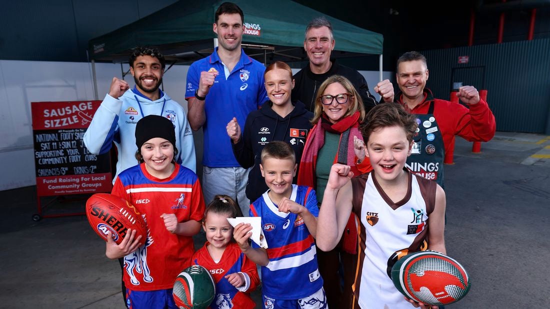 National AFL Community Club BBQ 2026 - Image Gallery - Media Centre - Arthur Jones, Sam Darcy, Matt 'Richo' Richardson, Bec Haagsma - Exec GM of Customer, Commercial and Tech, Michael Howard Bunnings CFO, Michael Howard CFO, Kids
