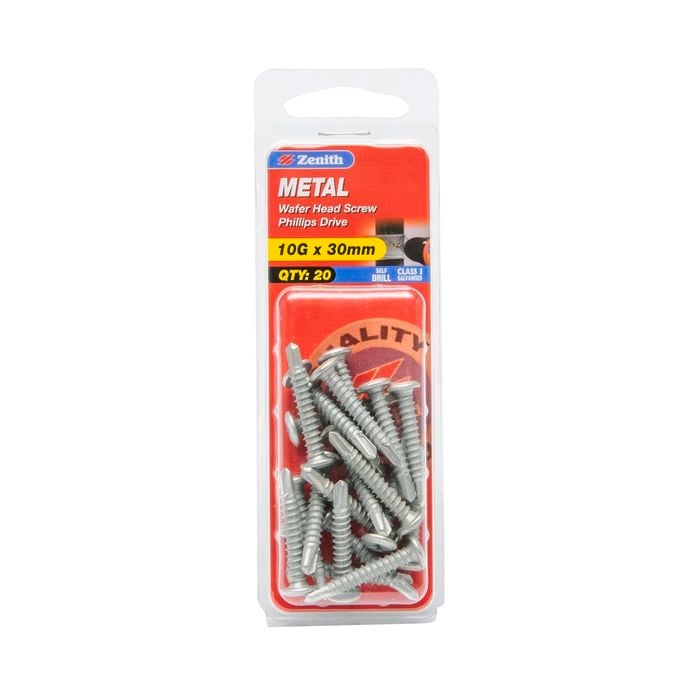 Zenith 10G x 30mm Galvanised Wafer Head Metal Screws - 20 Pack