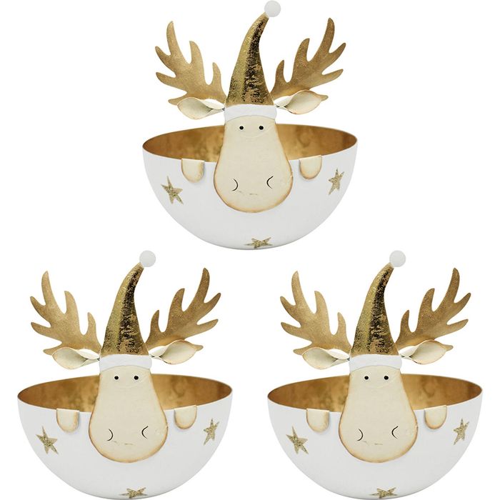 3PK LVD Metal Reindeer Bowl Small Home/Living Room Xmas Display Decor 11x11cm