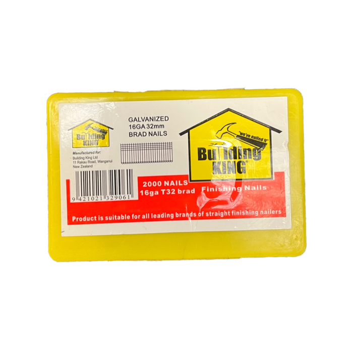 Building King 16G X 32mm Galvanised Straight Brad Nails - 2000 Pack