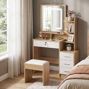 Oikiture Dressing Table Stool Set Vanity Mirror Child Vanity Table Natural White
