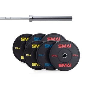 Smai 135kg Hd Bumper Plate Set Inc 15kg Barbell - 15kg Chrome Barbell