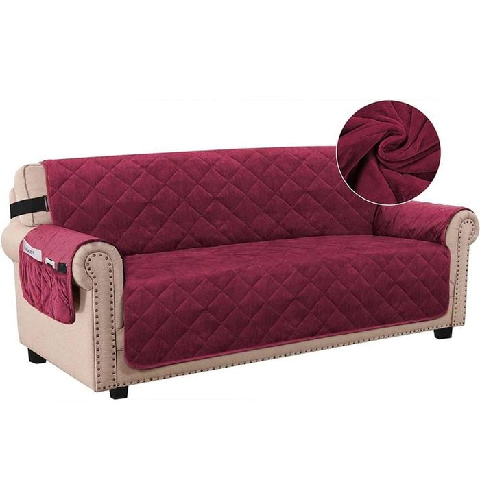 Smarcute 4 Seater Velvet Sofa Couch Cushion Cover With Non-slip Elastic Straps Burgundy