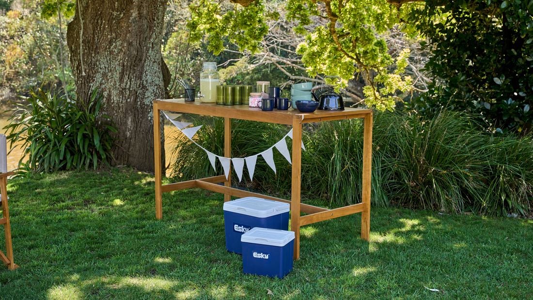 Outdoor table with esky and with green grass in shot