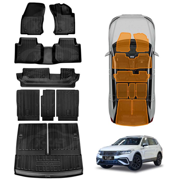 3d Floor Mats Boot Liners Set For Volkswagen Vw Tiguan Allspace 7 Seater 2018-2024 All Weather Heavy Duty Cargo Kick Back