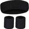Wristband & Headband Set Tennis Terry Towelling Cotton Sweat Band Team Gym  Black