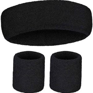 Wristband & Headband Set Tennis Terry Towelling Cotton Sweat Band Team Gym  Black