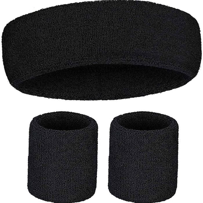 Wristband & Headband Set Tennis Terry Towelling Cotton Sweat Band Team Gym  Black