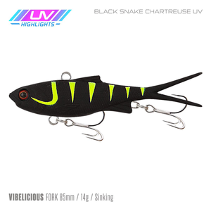 Samaki Vibelicious Fork Tail Vibe 85mm Soft Plastic Fishing Lure Black Snake Chartreuse UV
