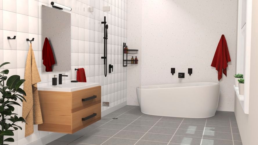 A bathroom with a bathtub, timber vanity, black shower head and grey tiles.