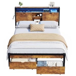 Advwin Double Bed Frame with 2 Storage Drawers & LED Lights & Charging Station Rustic Brwon