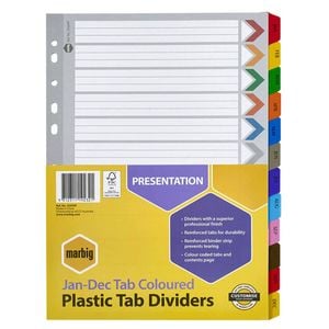 Marbig Jan-Dec Manilla Plastic Tab Dividers (A4) (Coloured)