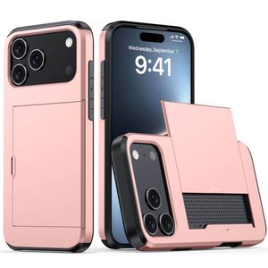 For Apple iPhone 18 Pro /17 Pro Slide Armor Card Holder Wallet Protective Shockproof Hard Dual Layer Back Cover (Rose Gold)